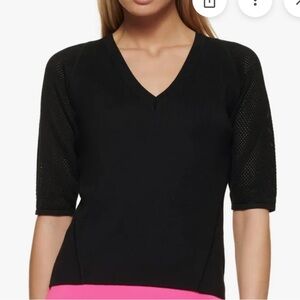DKNY Black V-Neck Sweater with Elegant Mesh Sleeves - Size Medium - NWT
